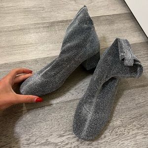 Grey silver glitter lurex fabric sock boot block heels